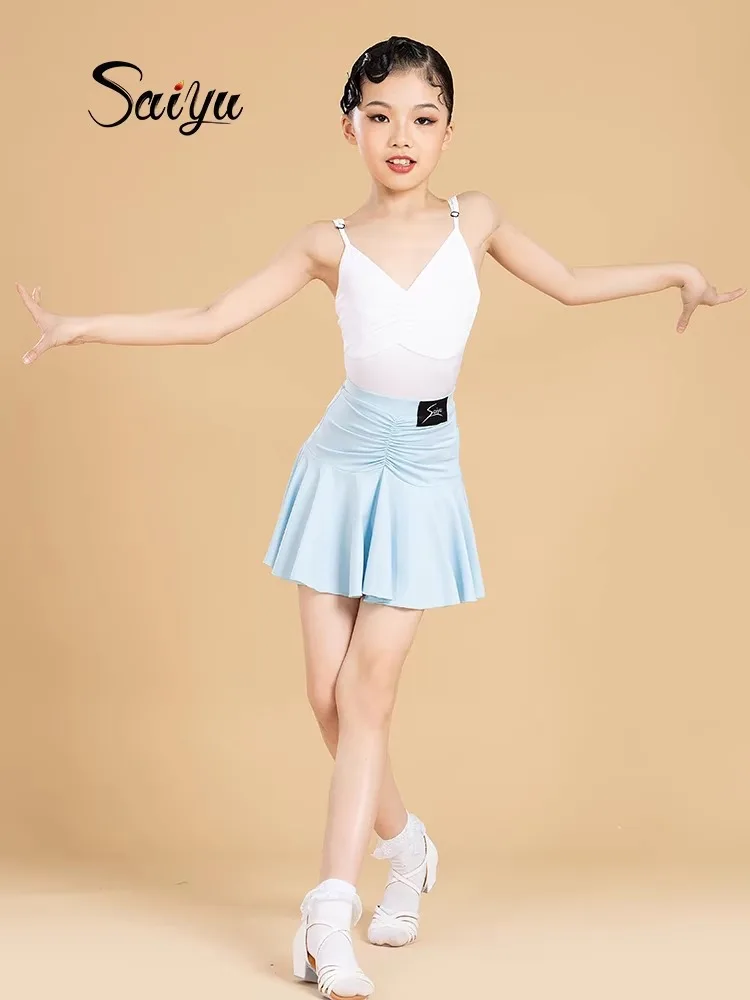 

2-piece children's Latin dance dress for girls 2024 new V-neck top with suspender practice performance outfit dance suit