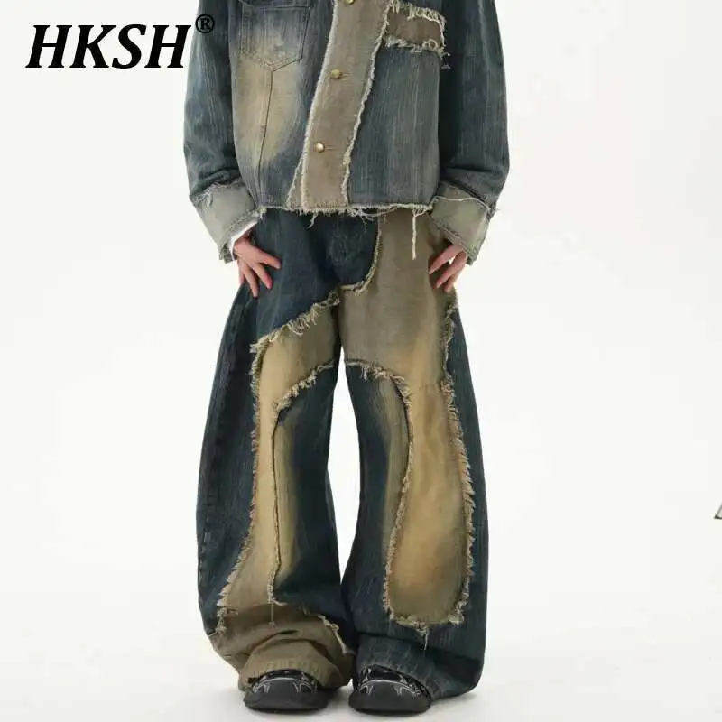 

HKSH Spring New Men Tide Punk Niche Vintage Washed Patchwork Splice Jacket High Street Fashion Baggy Wide Leg Denim Pants HK4478