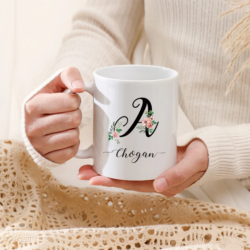 

Literary Flowers Initial Custom Name Mug with Handle Reusable Ceramic Cup Drink Milk Coffee Cup Mugs Wedding Birthday Party Gift