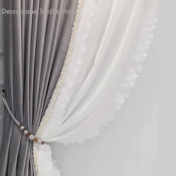 Cortinas francesas de lujo para sala de estar, cortinas románticas para comedor, dormitorio, ventanas, terciopelo gris, costura de encaje de Color sólido