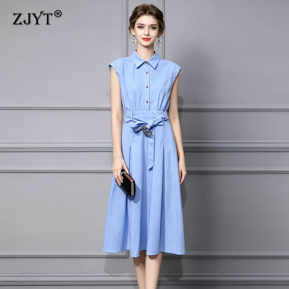 

ZJYT Summer New Women's 100% Linen Shirt Dress White Blue Sleeveless Casual Daily Midi Dress with Belt Elegant Vestidos Ladies