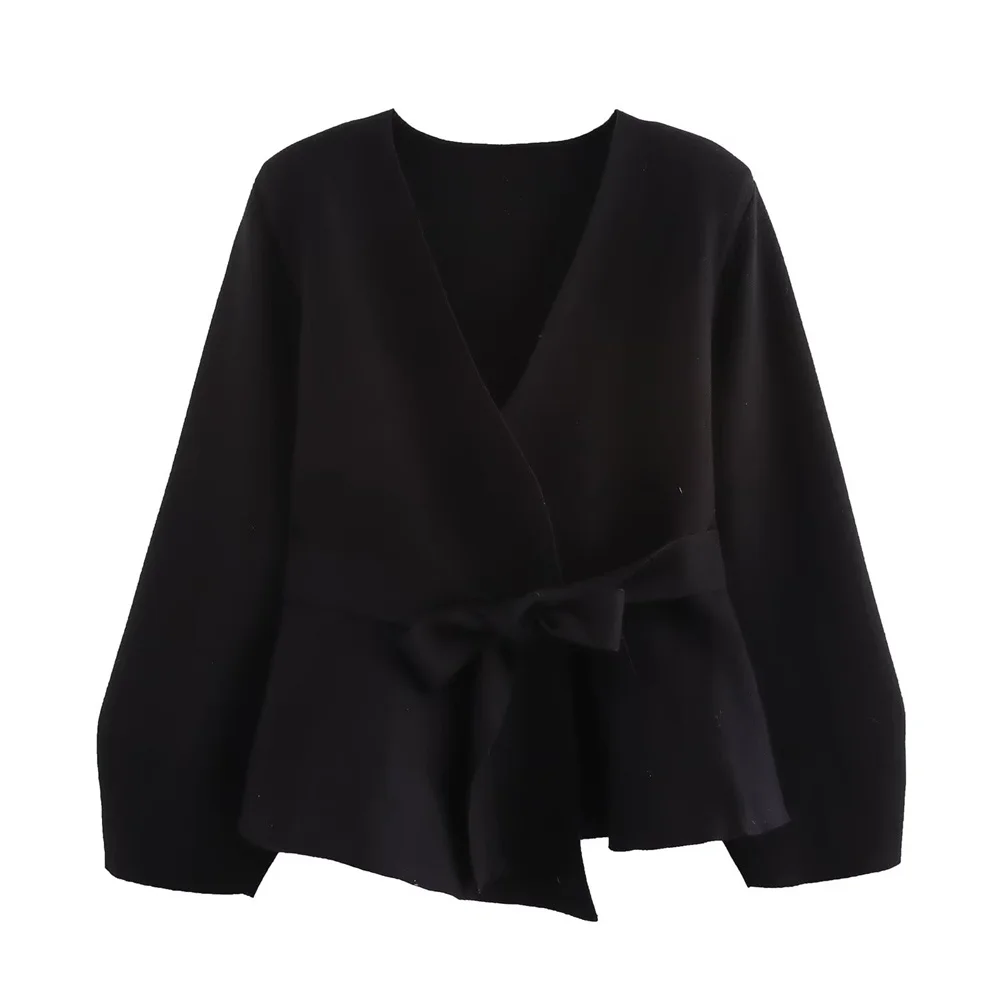 women's winter clothing new product solid color V-neck with belt cushion shoulder accessories knitted suit jacket