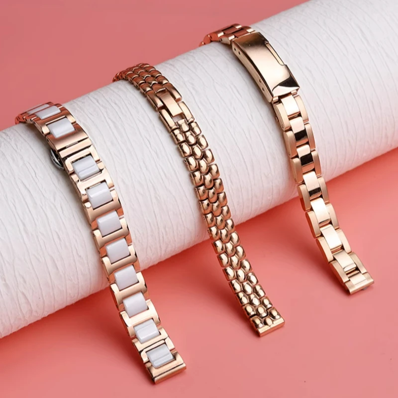 For any brand 6mm 8mm 10mm 12mm 14mm 16 Ladies Stainless Steel Watchband Solid Metal butterfly buckle Watch chain ceramic strap