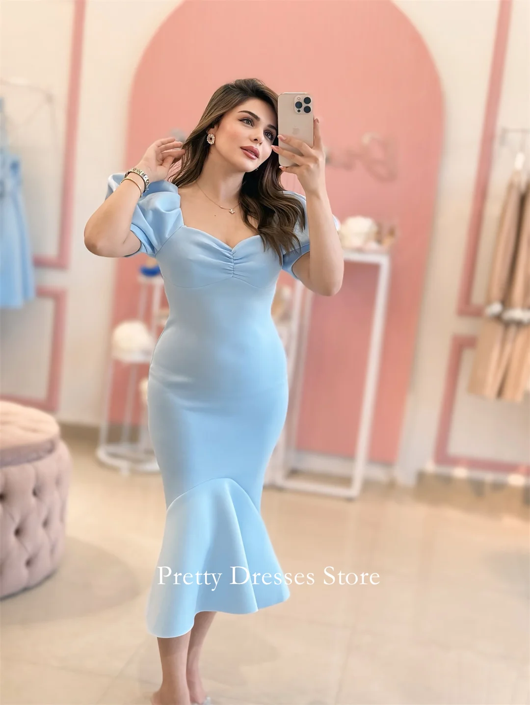 

Sweetheart Fashion Style Mermaid Crepe Satin Sky Blue Tea Length Evening Dresses Customized Formal Prom Growns Party Women Bride