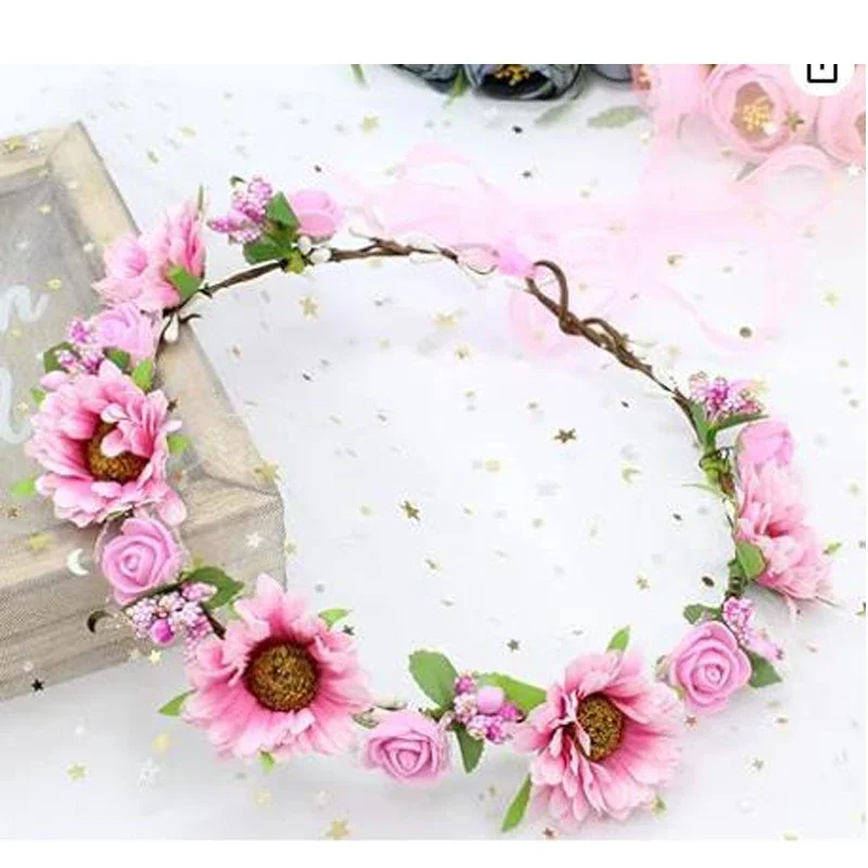 Girls Breath Crown Flower Girl crown Floral Headband Wedding Hair Wreath Photo Props (Daisy Orange Flower)