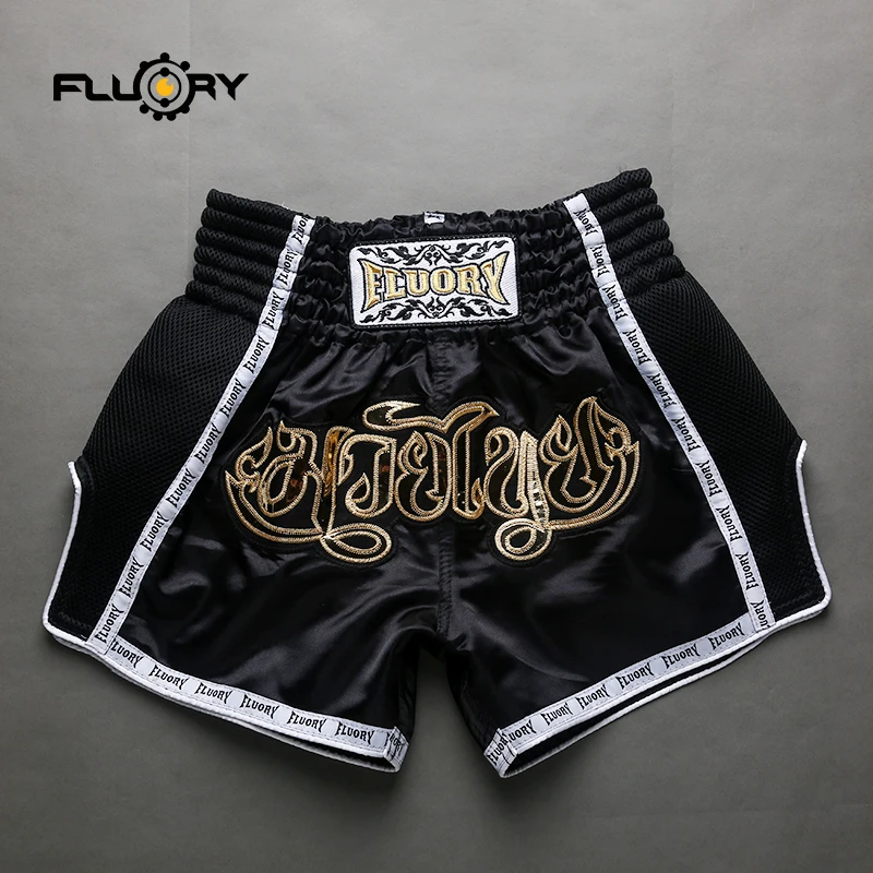 FLUORY Kontrastfarbene Jacquard-Verzierte Muay Thai Shorts, Kampf-Fitness-Boxen MMA Trainingsshorts, Bestickte Muay Thai Shorts