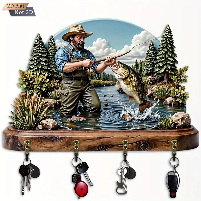 2D Flat. 1pc. Fishing Scene Key Hook - Wooden Multi-Functional Decorative Key Holder with Four Metal Hooks, Wall Decoration,