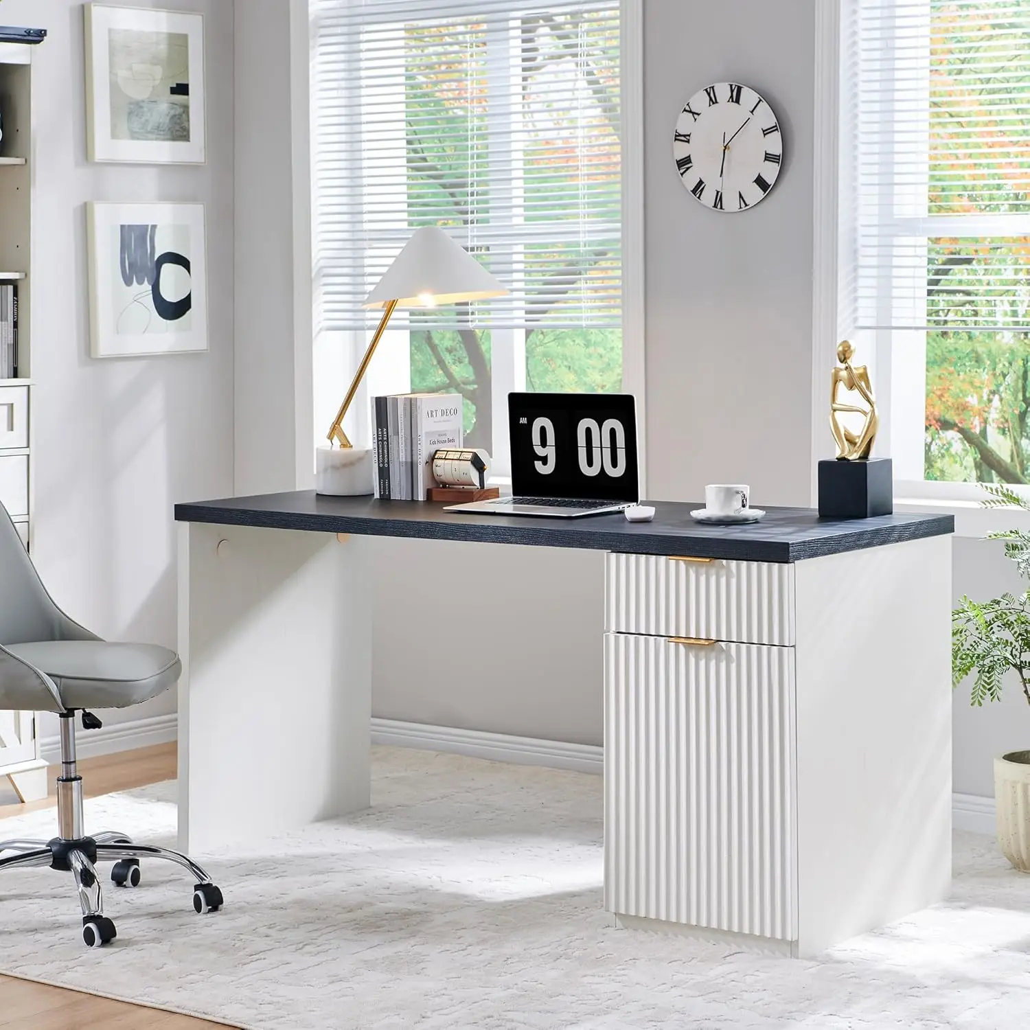 

Modern Executive Desk with Storage, Wood Computer Desk with Drawer & Cabinet, Fluted Design for Study or Bedroom, Antique White
