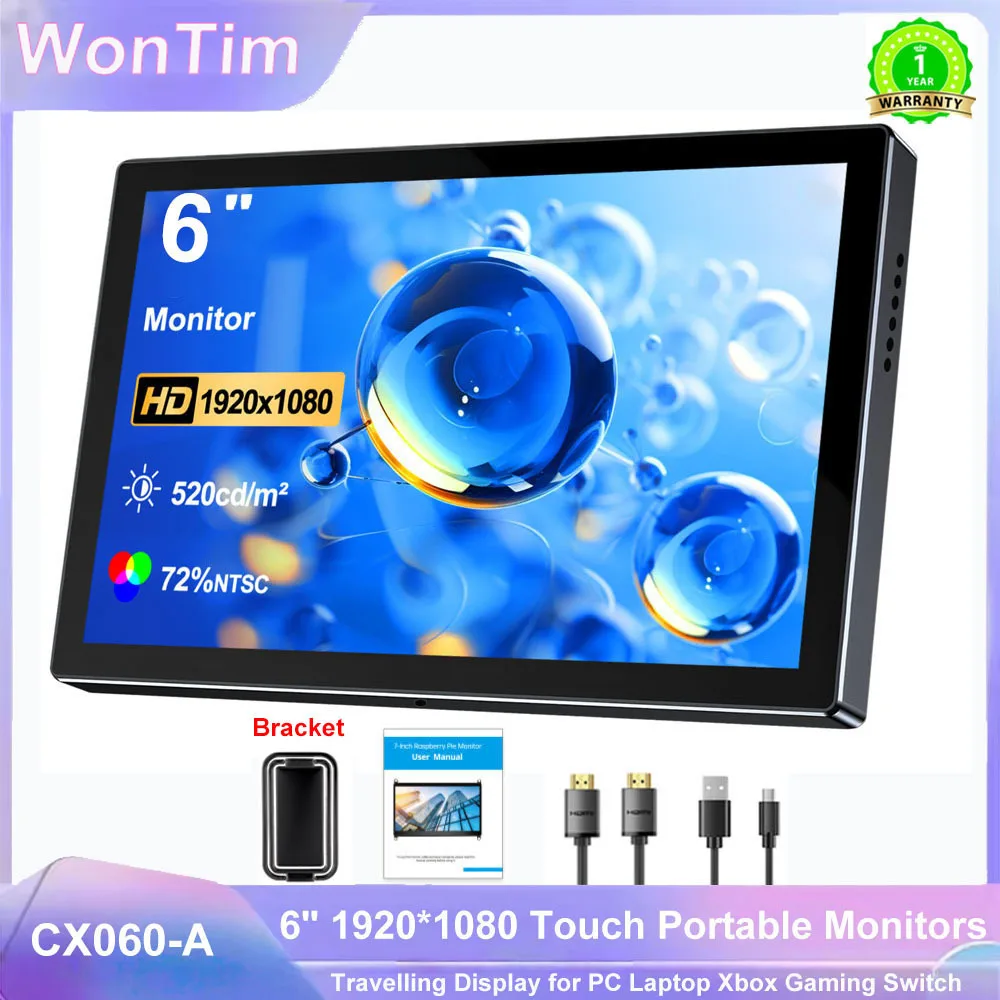 WonTim 6-inch Portable Monitor 1920x1080 IPS Display with 520cd Brightness, suitable for PC Device Monitoring Second Mini Screen