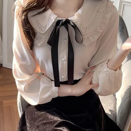 New Long Sleeve Bow Doll Collar Women Shirt Chiffon Shirt Blouse Women Tops Blouses Shirts Blusas Para Mujer Camisas 2024 M115