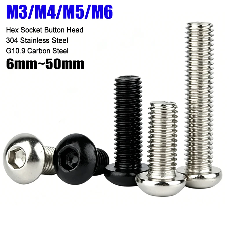 50Pcs M3 M4 M5 M6 M8 304 Stainless Steel Black Grade 10.9 ISO7380 Hexagon Hex Socket Head Button Allen Bolt Screw