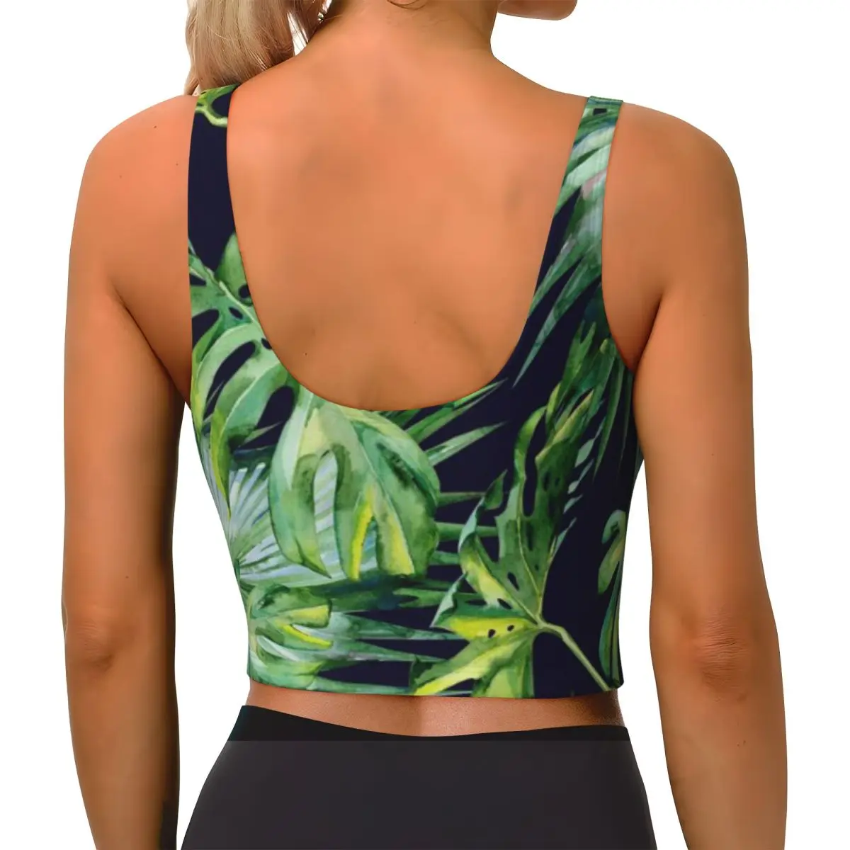 Fitness Vest Women Amazonian Green Watercolor Tropical Leaves On Navy Blue Rock Climbing Pilates Top