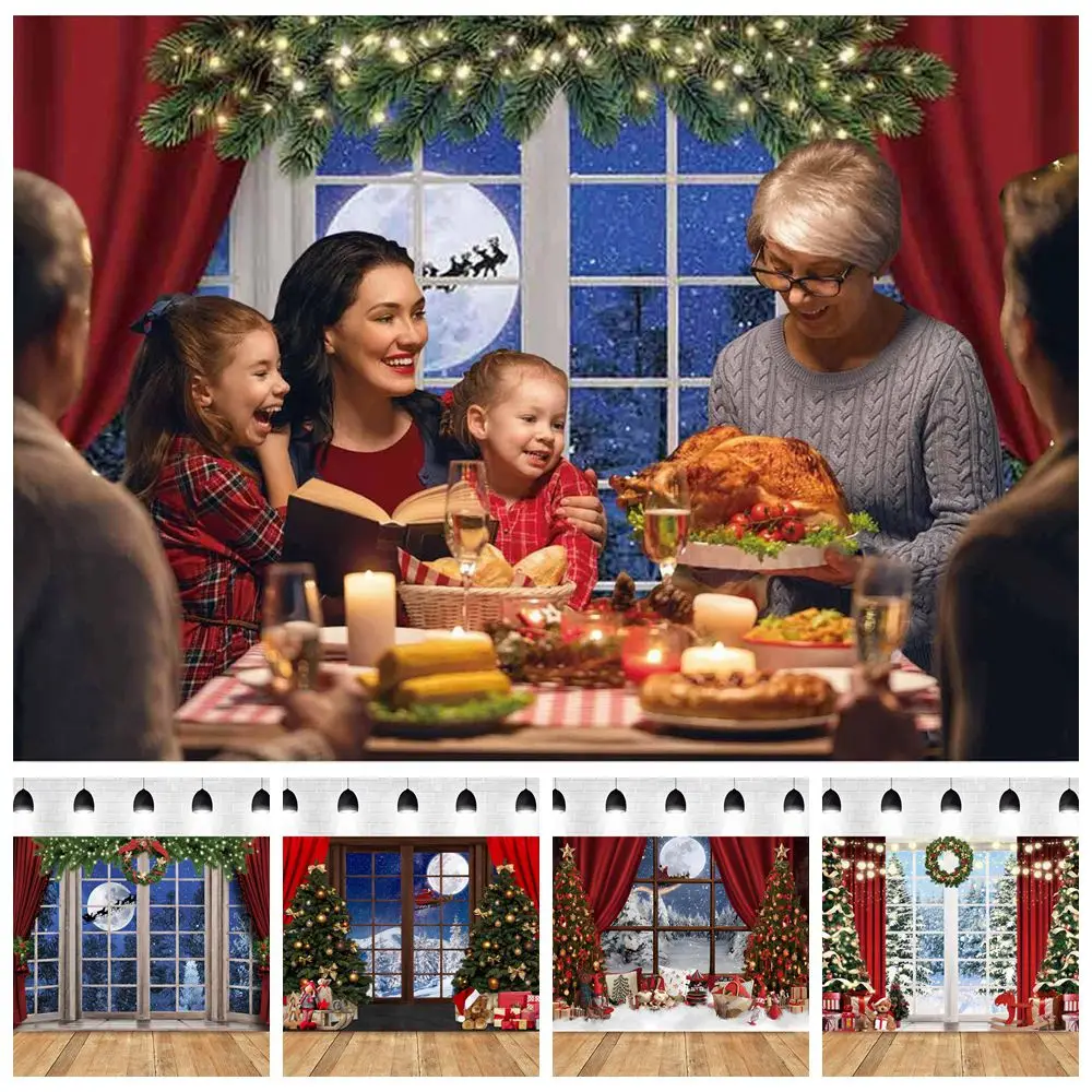 

Christmas Tree Window Backdrop Night Moon Gift Santa Claus Christmas Eve Party Family Portrait Photography Background Home Decor