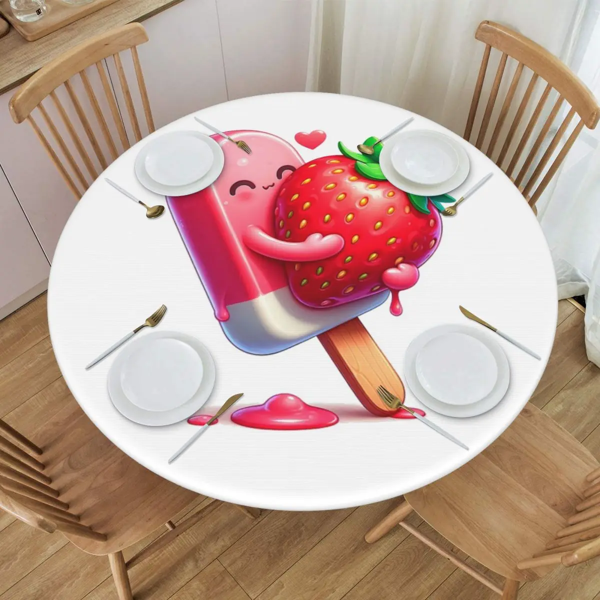 Strawberry Ice Cream Dessert Waterproof Round Tablecloth Oilproof Table Cloth for Kitchen Events Dining Table Cover