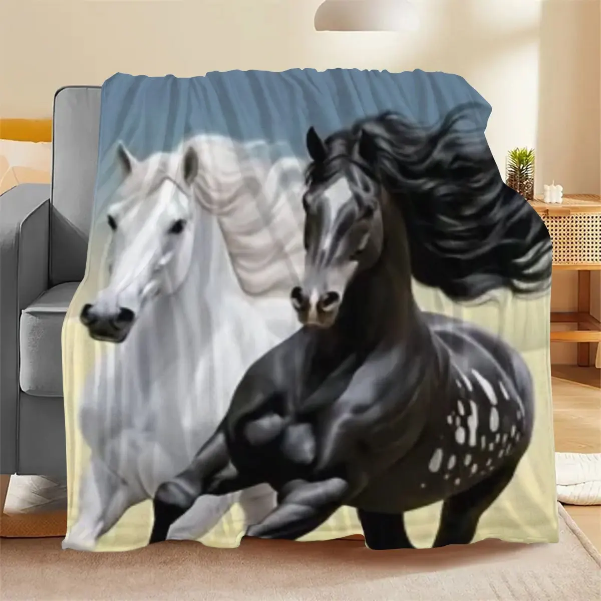 Majestic Galloping Black And White Stallion Dynamic Steed Animal Portrait Pattern Flannel Blanket Warm Printed Throw Blanket