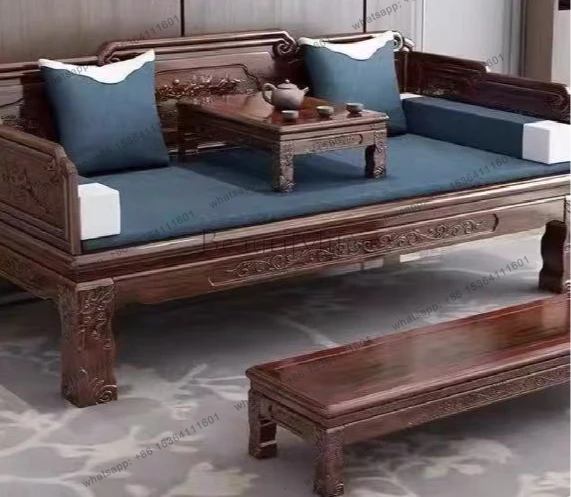 New Chinese solid wood antique sofa Ming and Qing classical log golden pear wood carving flower Arhat couch