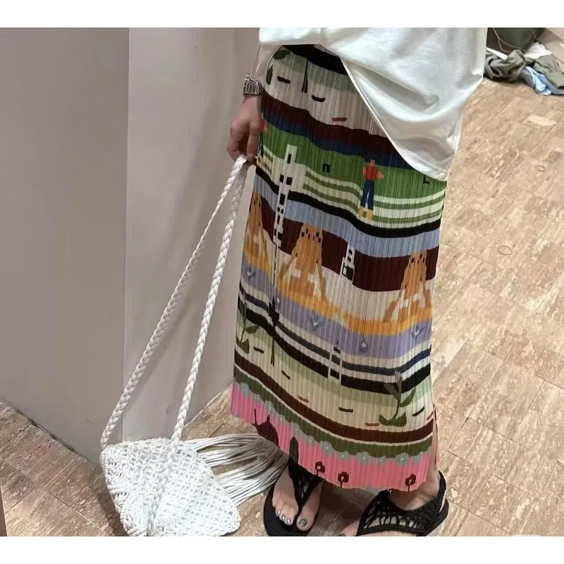 Miyake Pleated Printed Skirt Plisse 2026 Summer New Vintage Elegant Temperament Slit Print Jupe Slim Fit Versatile A-line Skirt