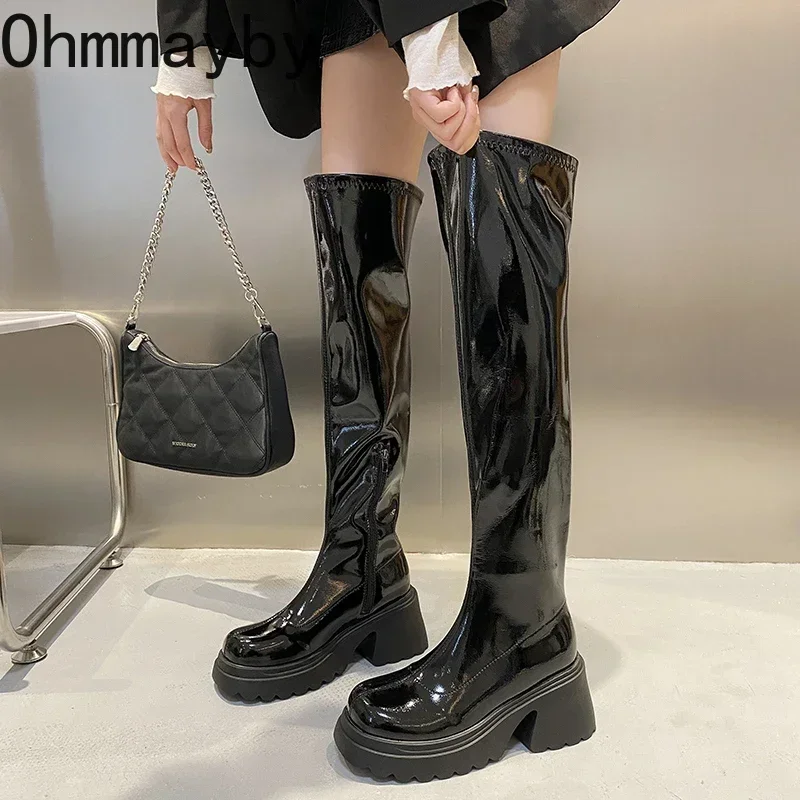 Punk Style Woman Knee-High Boots Zipper Fashion Patent Leather Long Booties 2024 New Autumn Winter High Heel Ladies Shoes