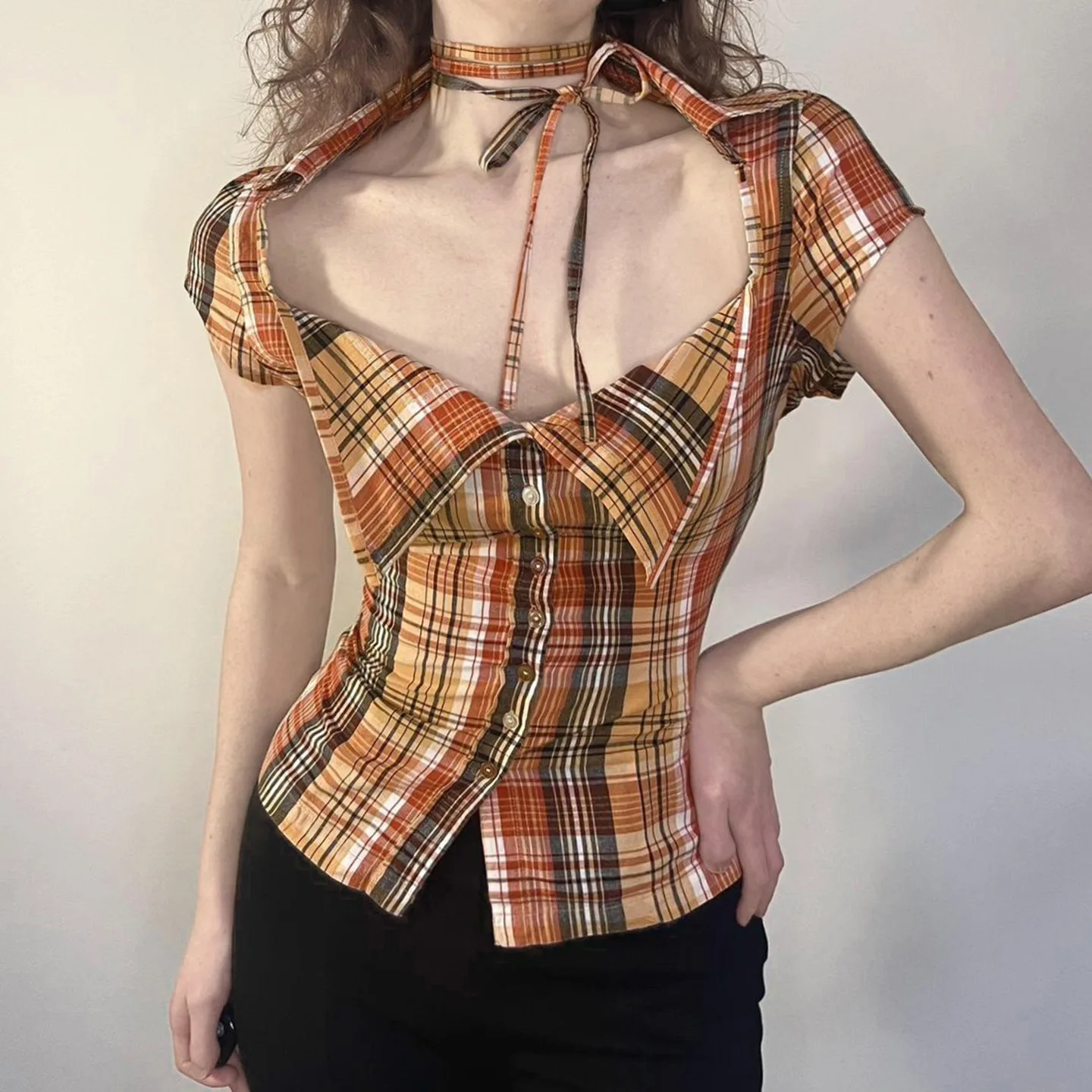 

Zeyla Women's Tops French Vintage Collar Shirt Plaid Color Block Tie Waist Y2K Artistic Unique Design Casual Chic Top