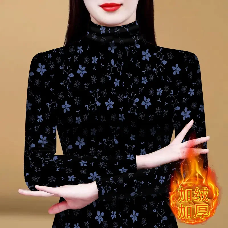 

Fashionable Half-high Neck Flower Print Contrast Color Casual Pullover Long-sleeved Base Shirt