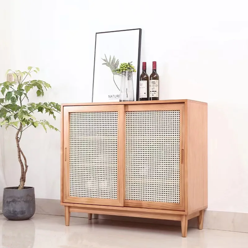 Nordic solid wood rattan dining side cabinet, entrance cabinet, American locker, simple tea cabinet, multi-functiona