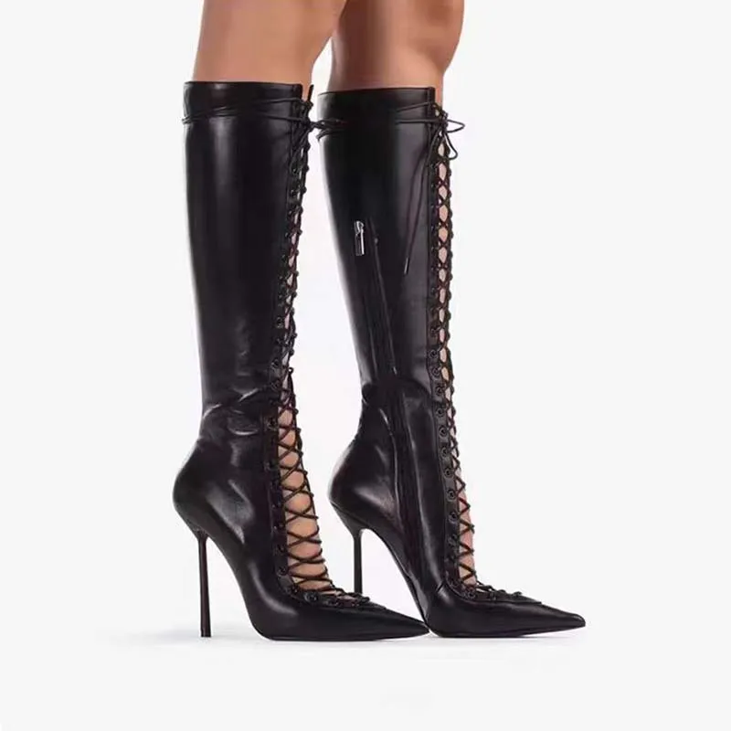 Brown Pointed Toe Hollow Cross-Strap Stiletto Boots Woman Winter 2024 Black Side Zipper Knee-High Summer Boots Fashion Shoes