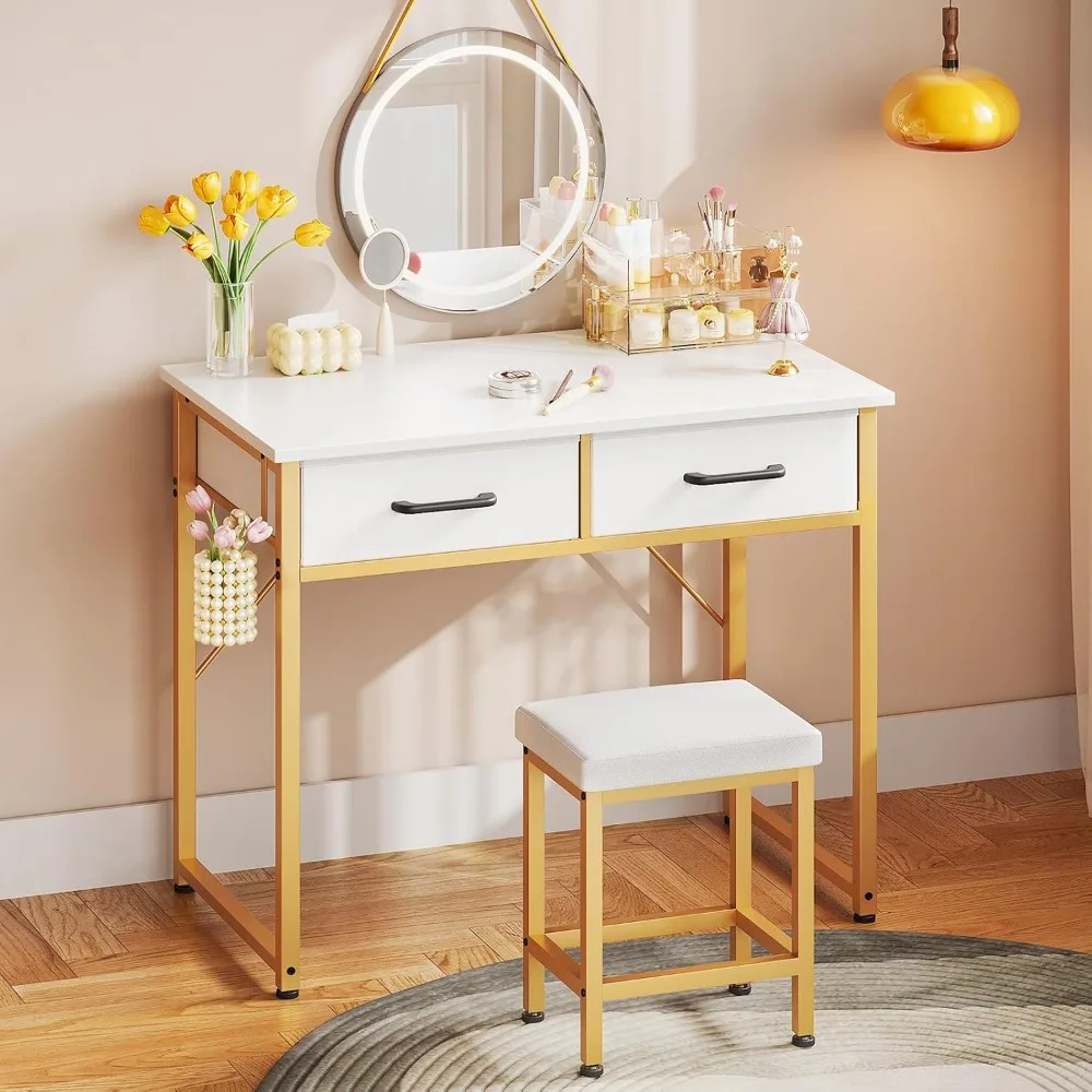 

32 Inch Makeup Desk with Stool, Vanity Table with 2 Fabric Drawers & Steel Hook, Makeups Vanities