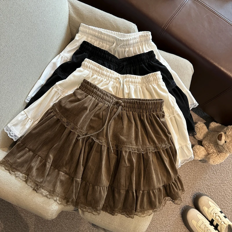 

Женская осенне-зимняя кружевная юбка с эластичной резинкой на талии, женская милая однотонная бархатная короткая юбка