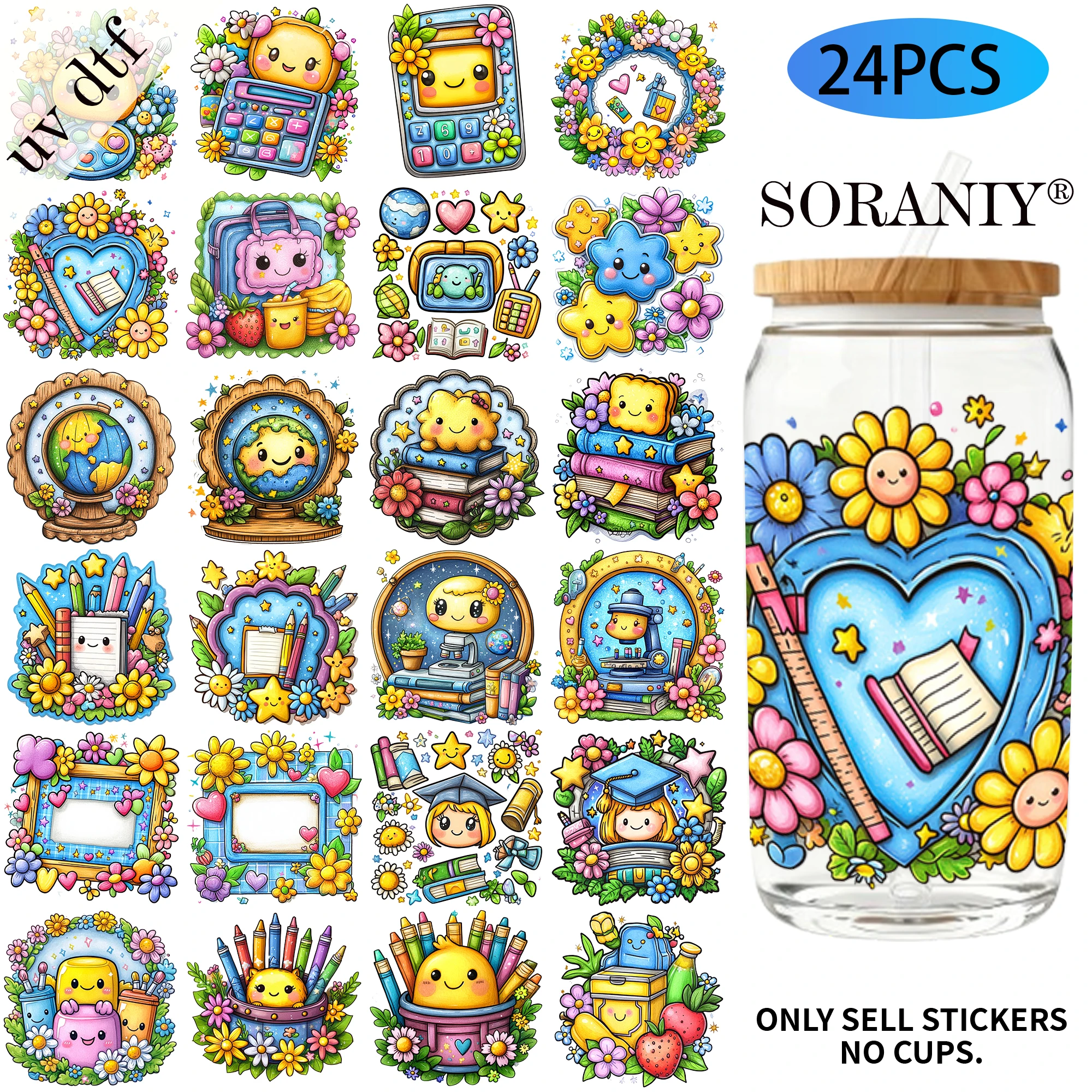 24PCS/Set Back To School Frames  Themed UV DTF 16OZ DIY Transfer Paper Set Golden Text Used For 16oz Water Bottles Glass