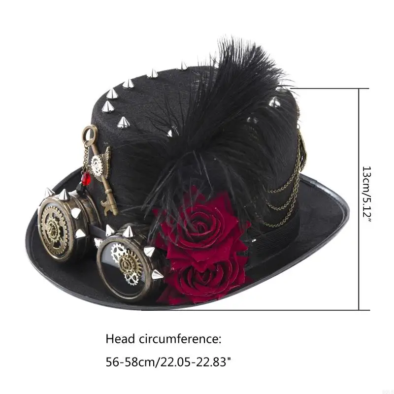 D0ub Retro Punk Top Hat Steampunk Halloween mit Ausrüstung Kettenbrille dunkle Rose