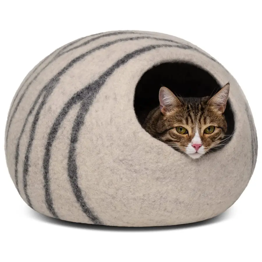 

Лежанка-пещера для кошек Cat Cave Premium из войлока, ручной работы, 100% мериносовая шерсть, светло-серая, средний размер