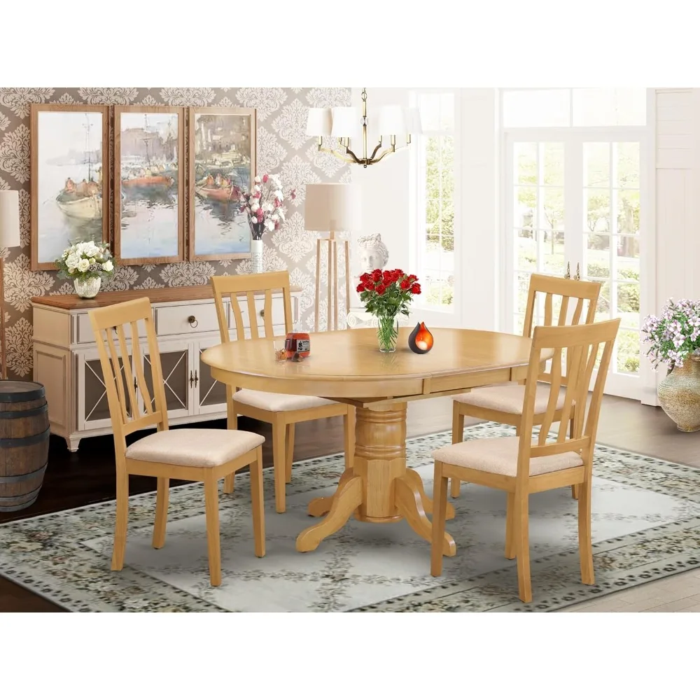 5-Piece Kitchen Set for 4 Includes One Oval Table with Butterfly Leaf and 4 Linen Fabric Dining Room Chairs, 42 x 60 Inches