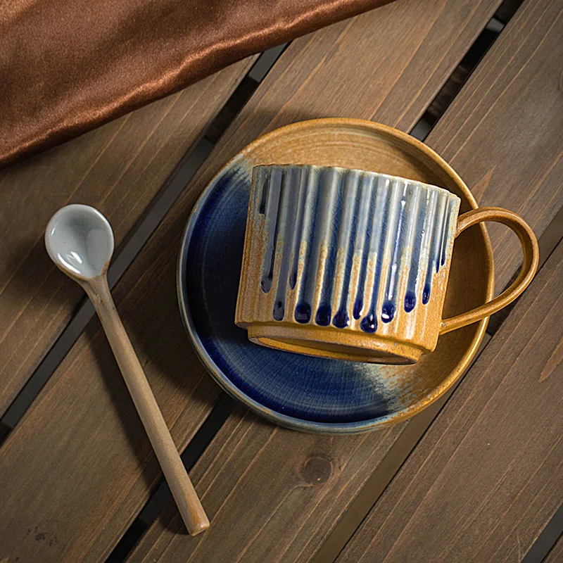 Coarse Pottery and Saucer Set Handmade Japanese Retro Art Ceramic Pour Over Coffee Water Cup - view 3