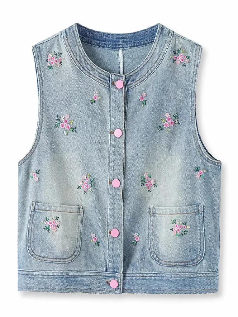 Blaue Baumwoll-Jeansweste für Damen, Schulterstickerei, mehrlagiges Oberteil 2025
