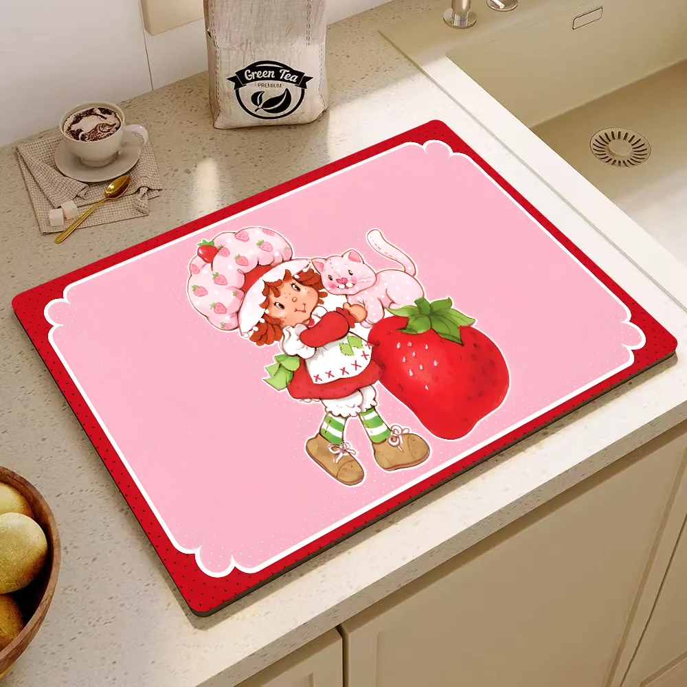 S-strawberry-shortcakeS Anime Coffee Cup Ironing Mat Modern Art Texture Drying Mat Kitchen Counter Coffee Bar Drain Mat