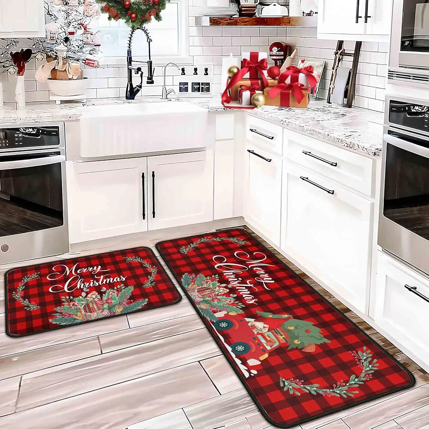 VIKAMA 2 Stück Weihnachts-Küchenteppich, langlebig, für den Eingangsbereich, Willkommensbodenmatte für Balkon, Korridor, langer Teppich für Heimdekoration