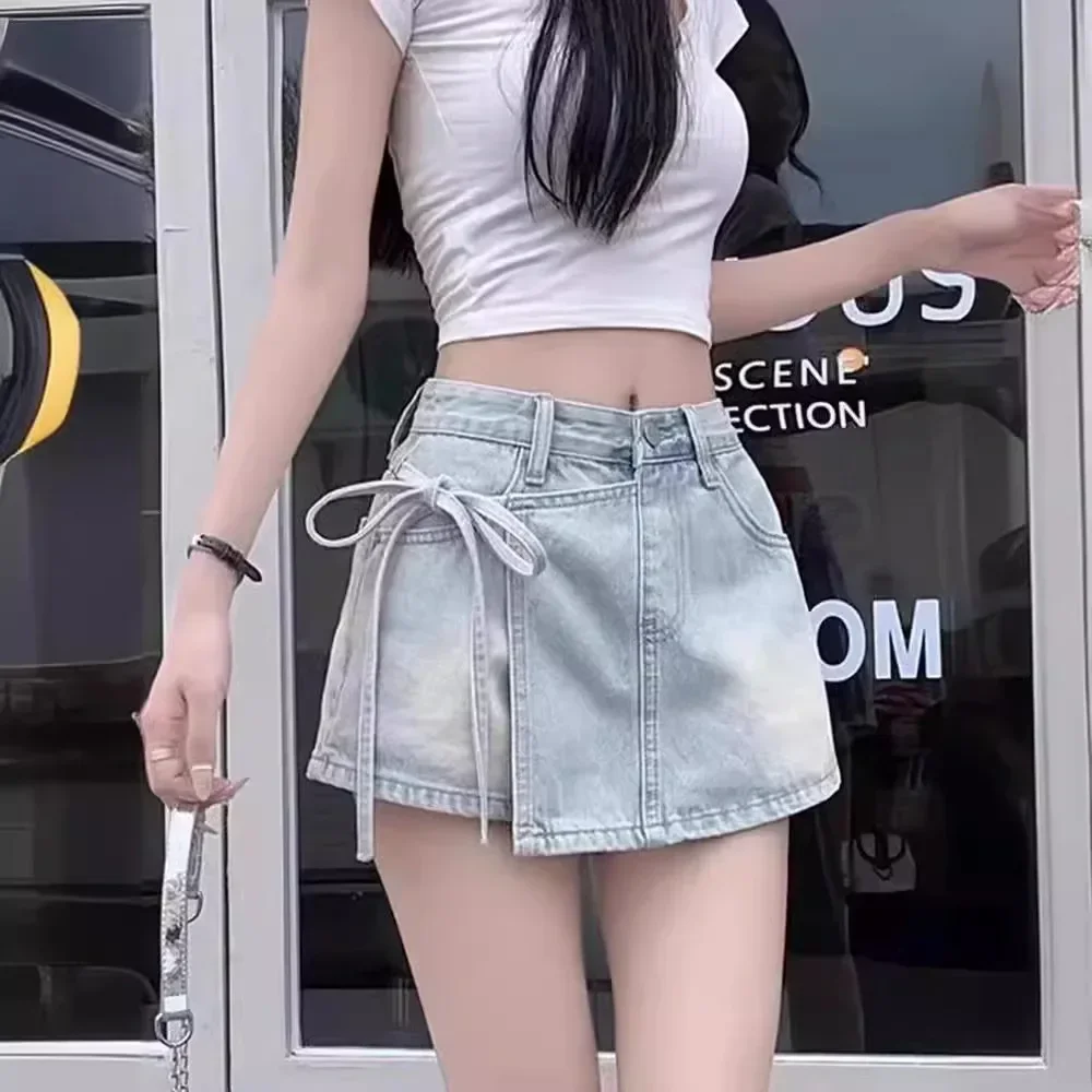 

Korean Style New Summer Sensibility High-Waisted A- Line Denim Skirt Two-Piece Illusion Short Skort Unique Tying Pants Skirt
