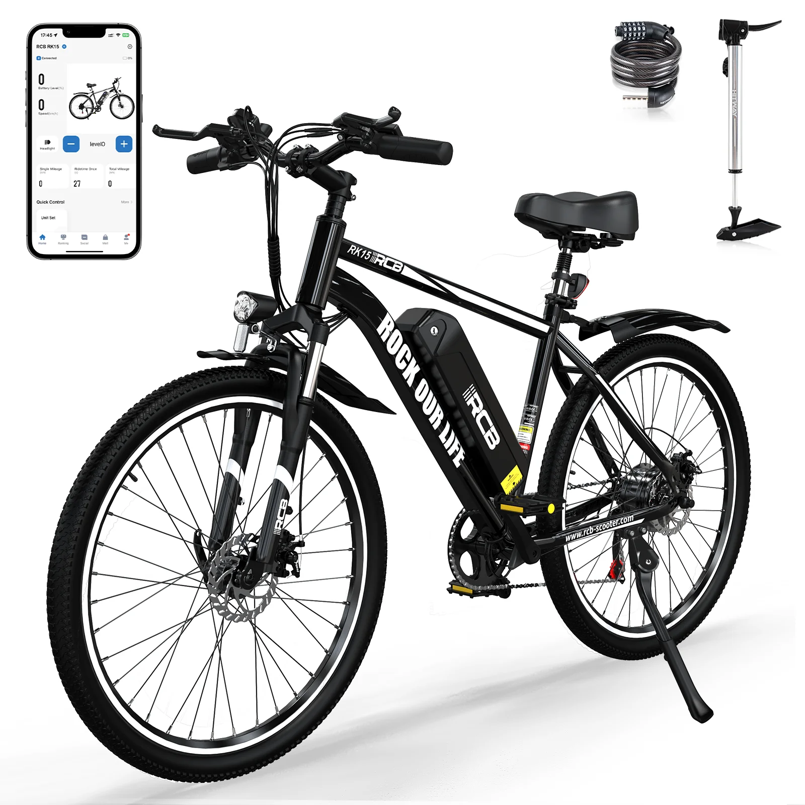 RCB RK15 26 Inch Elektrische Fiets voor Volwassenen Stads E-Bike 250W Motor 36V 10.4Ah Verwijderbare Batterij 50km Bereik met APP Besturing en Schijfremmen