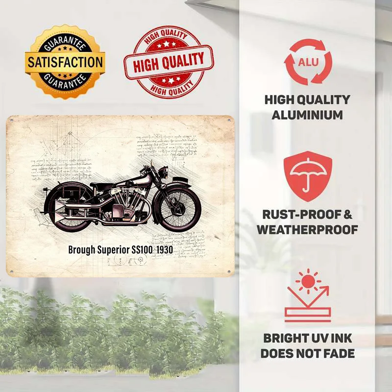 Brough Superior SS100 1930 Personalized 3D Textured Metal Poster Wall Art Vintage Tin Signs for Home Decor Ornaments Man Cave