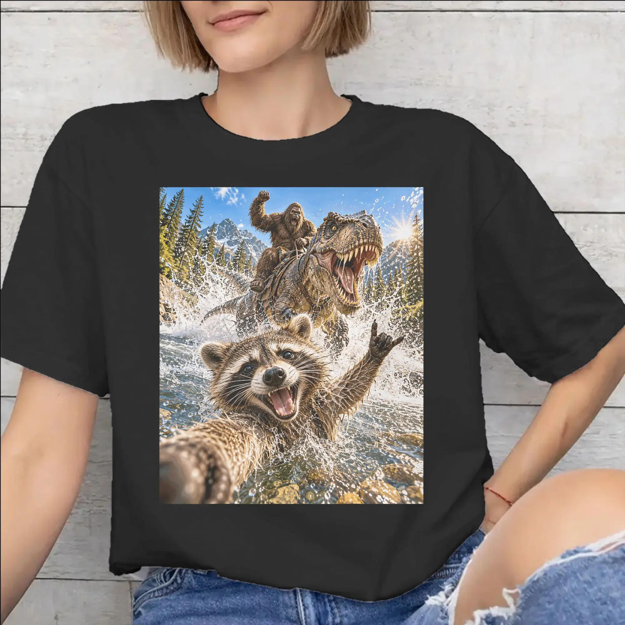 Funny Bigfoot Ride Dinosaur Raccoon Merch Men Women T Shirts Cotton Tee Fashion  T-shirt Clothes