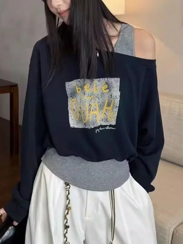 

Korean Style Fashionable Slant Collar Sweatshirt Women's Spring Autumn New Small Size Design Versatile Top Ins