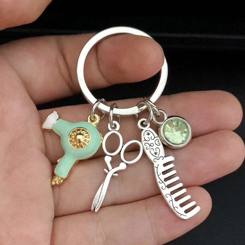 New hairstylist keychain hair salon keychain hair dryer scissors comb keychain hairdresser men and women fashion jewelry gifts