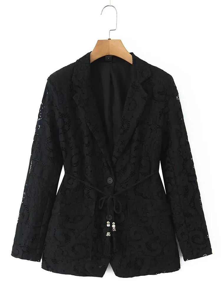 

European style new women's fashion versatile temperament simple solid color hand-woven belt lace jacket