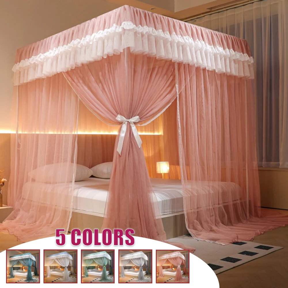 

1PC Canopy Bed Curtains 4 Corner 3 Side Openings Includes Bracket Luxury Mosquito Net Bedding Queen Mosquito Bedding Net Bed