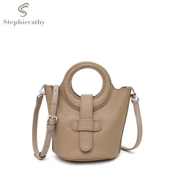 SC Fashion Chic Real Leather Top-handle Bag Women Elegant Round Handles Bucket Small Portable Cross body Handbag Zip Liner Purse