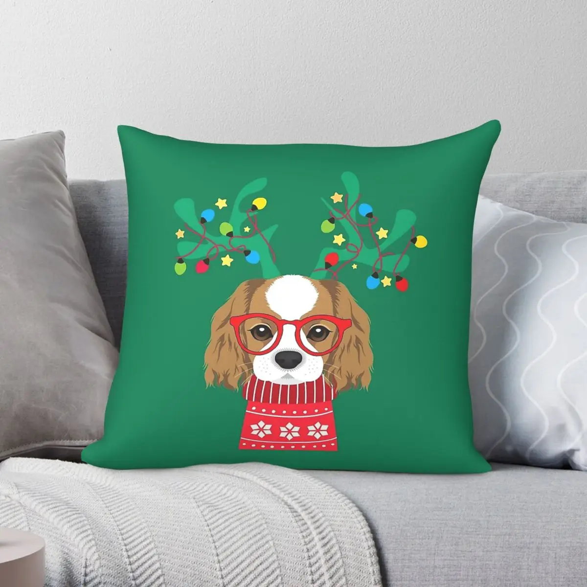 Cavalier King Charles Spaniel Xmas Square Pillowcase Polyester Linen Velvet Creative Decorative Pillow Case Sofa Cushion Cover