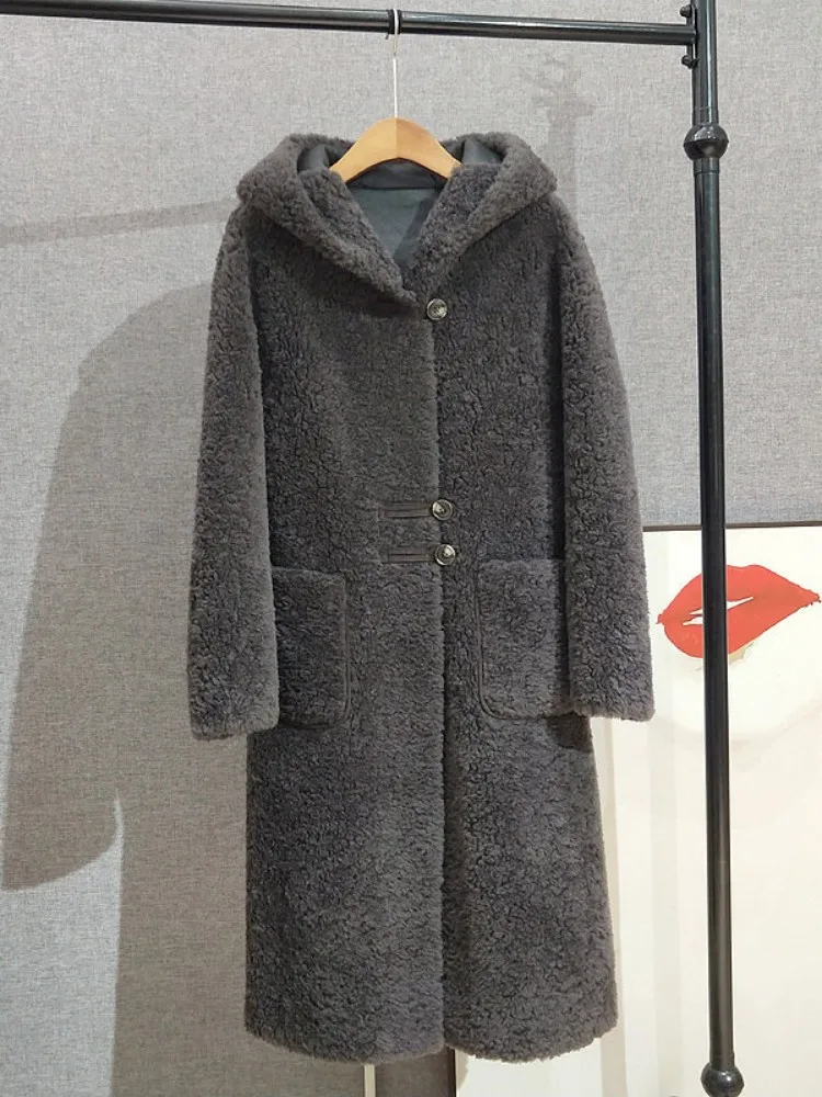 Inverno casual moda feminina casaco de lã com capuz cor sólida quente solto ajuste único breasted moda senhora ovelhas tosquia jaqueta longa