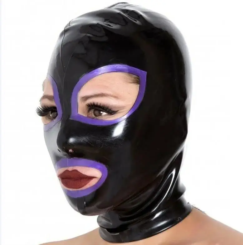 

Latex Gummi Rubber Hood Mask Purple Trim Open Eyes Nostrils