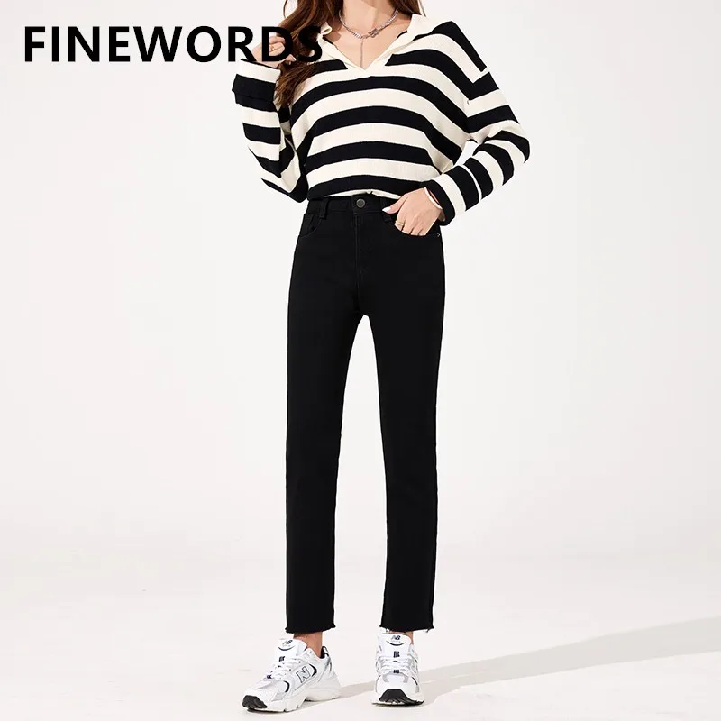 

FINEWORDS High Waist Winter Thick Cashmere Skinny Jeans Women Casual Vintage Push Up Jeans Stretch Korean Streetwear Denim Pants