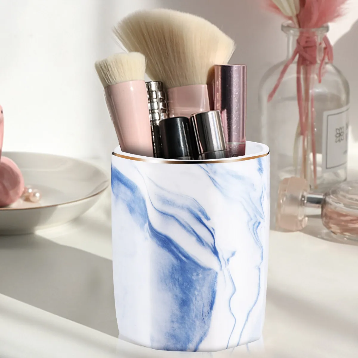 

Премиальный керамический держатель для ручек с золотой отделкой, настольный контейнер для письменных принадлежностей и кистей, синий керамический держатель для ручек